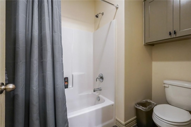 bathroom with toilet and shower / bathtub combination with curtain