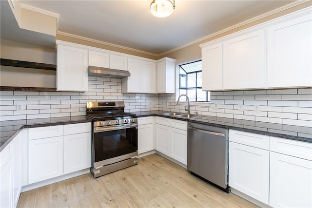 kitchen with sink, ventilation hood, backsplash, white cabinetry, and appliances with stainless steel finishes