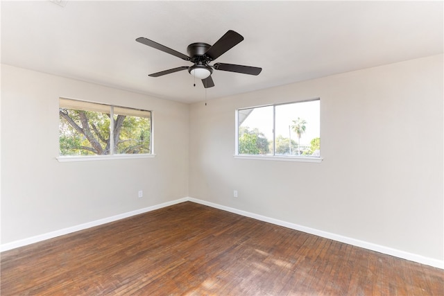 empty room featuring a wealth of natural light, ceiling fan, and dark hardwood / wood-style flooring