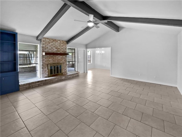 3658 Braeburn Dr, Corpus Christi, TX 78415 - unfurnished living room featuring lofted ceiling with beams, a fireplace, plenty of natural light, and ceiling fan with notable chandelier