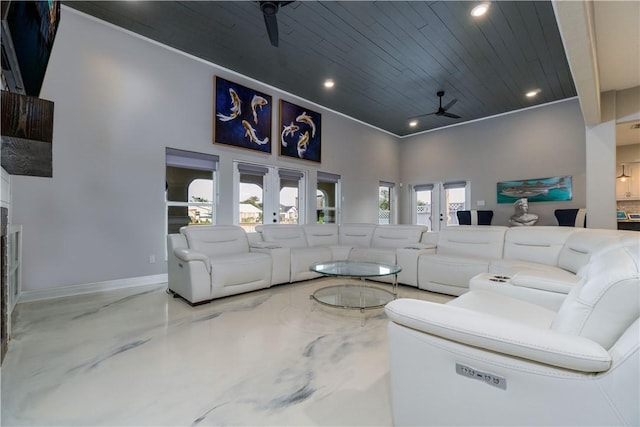 living room with recessed lighting, a high ceiling, wood ceiling, baseboards, and marble finish floor