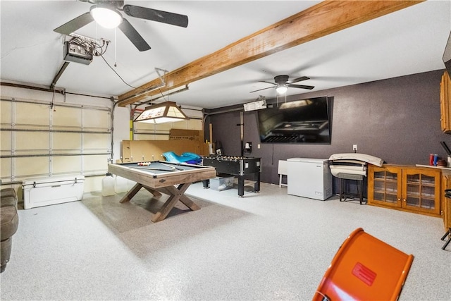 game room with a garage, pool table, and ceiling fan