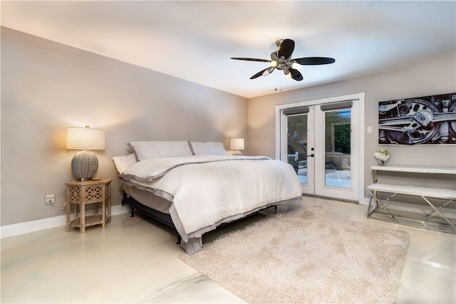 bedroom featuring access to outside, french doors, a ceiling fan, and baseboards