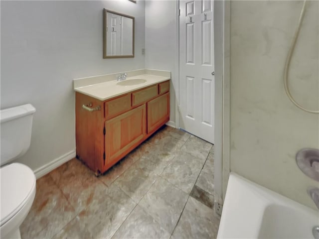 bathroom with baseboards, a shower, toilet, a bathtub, and vanity