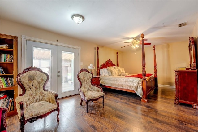 bedroom featuring french doors, baseboards, wood finished floors, a ceiling fan, and access to outside
