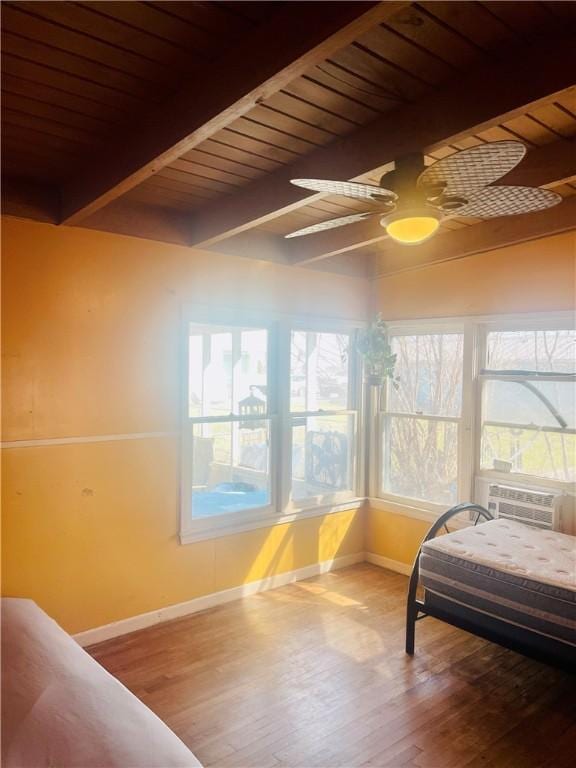 bedroom featuring wood ceiling, baseboards, wood finished floors, and beamed ceiling