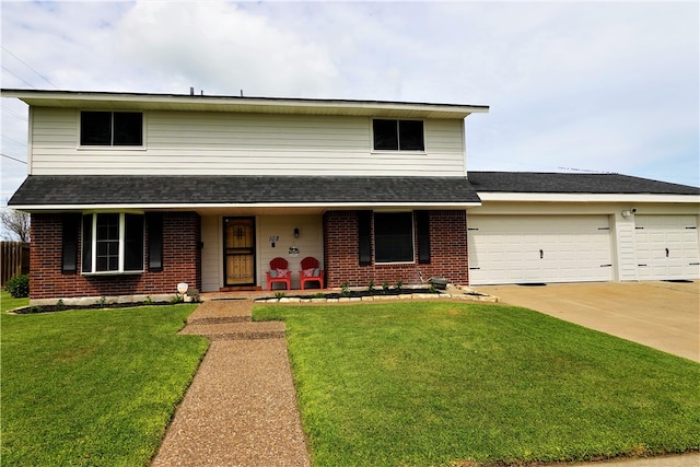 view of front facade with a front lawn, a garage, and a porch