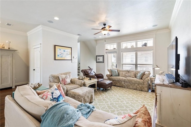 14890 Granada Dr Unit 102, Corpus Christi, TX 78418 - living room with ceiling fan, crown molding, and recessed lighting