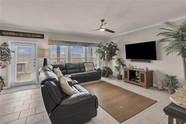 14901 Windward Dr Unit 704, Corpus Christi, TX 78418 - living room with ornamental molding, a ceiling fan, light tile patterned flooring, and baseboards