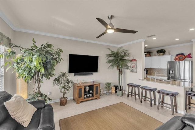 14901 Windward Dr Unit 704, Corpus Christi, TX 78418 - living room featuring visible vents, ornamental molding, ceiling fan, and recessed lighting