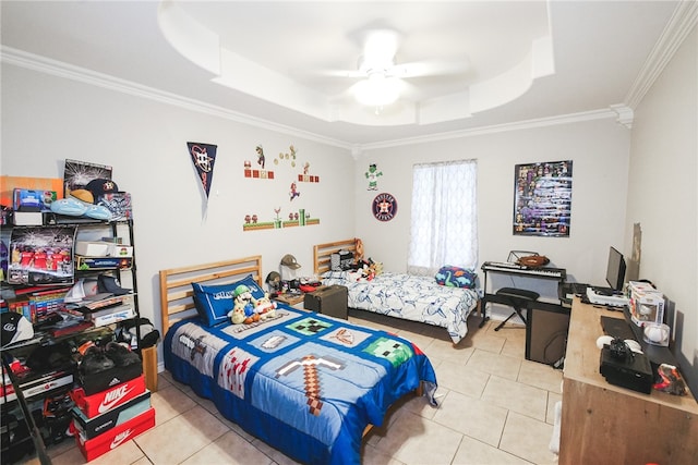 tiled bedroom featuring a raised ceiling, ceiling fan, and crown molding