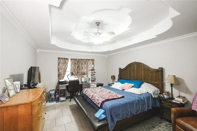 tiled bedroom featuring crown molding, ceiling fan, and a raised ceiling