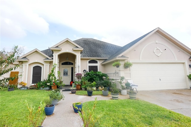 view of front of property featuring a shingled roof, concrete driveway, stucco siding, an attached garage, and a front yard