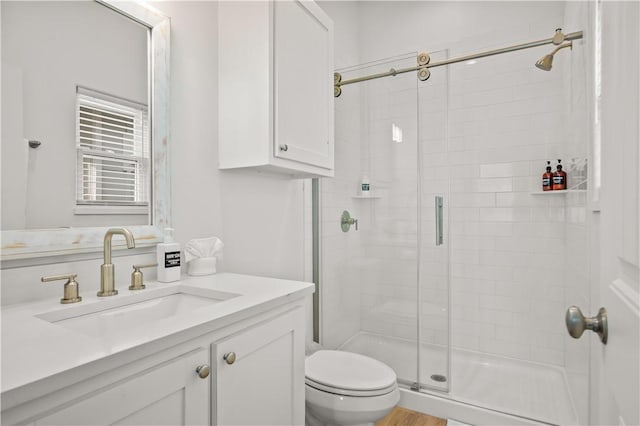 bathroom featuring vanity, toilet, and a shower with door