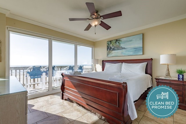 tiled bedroom featuring ceiling fan, access to exterior, and crown molding