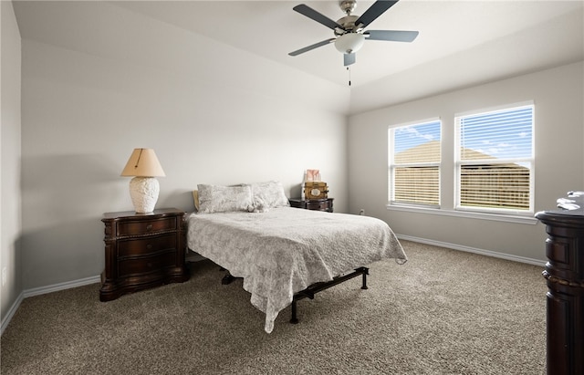 bedroom featuring ceiling fan, carpet flooring, and vaulted ceiling