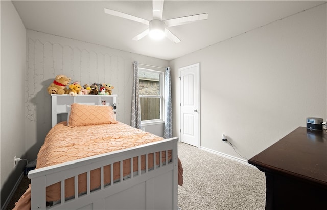 bedroom with ceiling fan and carpet flooring