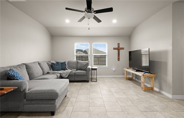 tiled living room featuring vaulted ceiling and ceiling fan