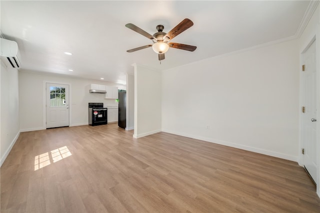 unfurnished living room featuring ornamental molding, light wood-type flooring, an AC wall unit, and ceiling fan