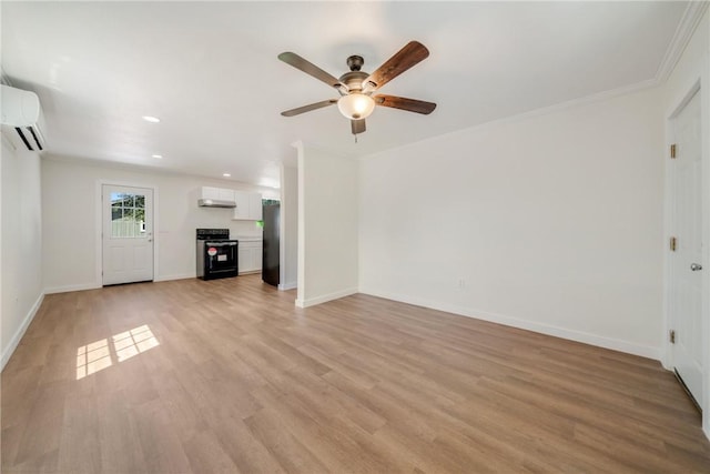 5506 Curtis Clark Dr, Corpus Christi, TX 78411 - unfurnished living room featuring a wall mounted AC, ceiling fan, light wood-style floors, recessed lighting, and crown molding