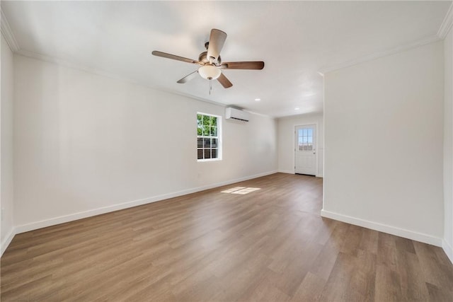 5506 Curtis Clark Dr, Corpus Christi, TX 78411 - empty room featuring crown molding, a wall unit AC, ceiling fan, and wood finished floors