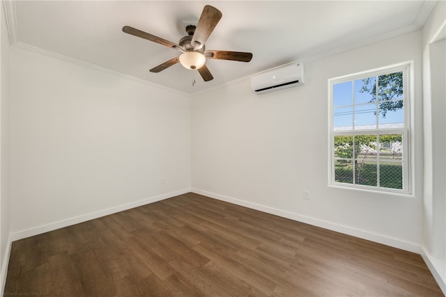 spare room with ornamental molding, ceiling fan, a wall mounted air conditioner, and dark hardwood / wood-style floors