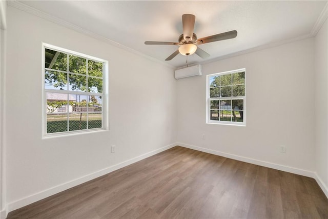 5506 Curtis Clark Dr, Corpus Christi, TX 78411 - unfurnished room featuring a wall mounted air conditioner, wood finished floors, crown molding, and ceiling fan