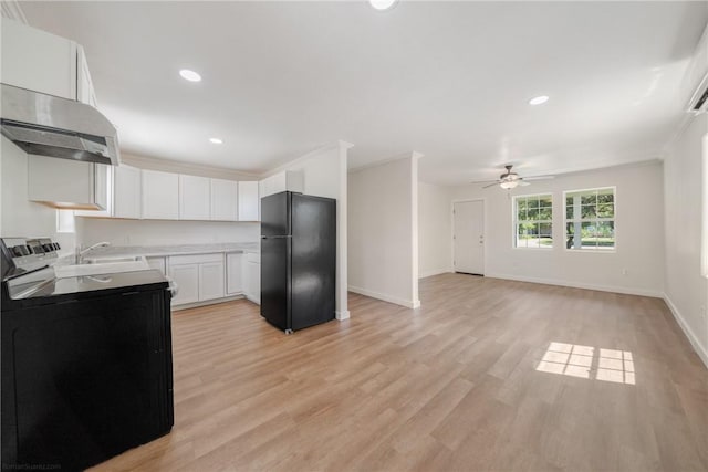 5506 Curtis Clark Dr, Corpus Christi, TX 78411 - kitchen featuring electric stove, freestanding refrigerator, a ceiling fan, light countertops, and extractor fan