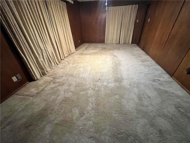 basement with carpet floors and wood walls