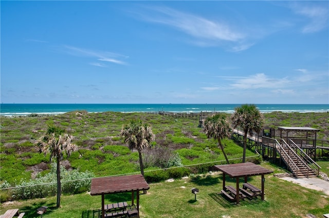 view of water feature with a view of the beach and a gazebo