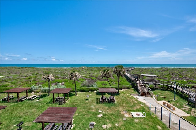 bird's eye view with a water view