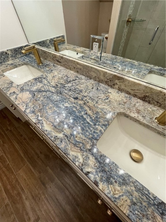 bathroom with wood-type flooring, vanity, and a shower with shower door