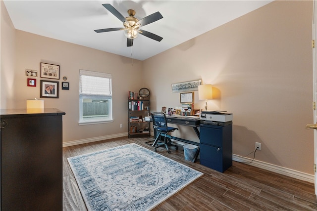 office area featuring dark hardwood / wood-style floors and ceiling fan