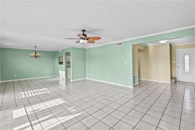 unfurnished room featuring ornamental molding, light tile patterned flooring, visible vents, and ceiling fan with notable chandelier
