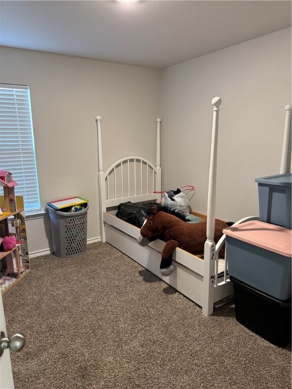 bedroom with dark carpet