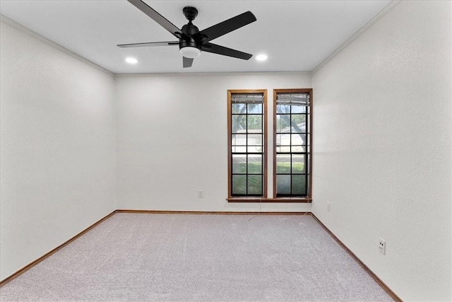 spare room with ceiling fan, recessed lighting, carpet flooring, and baseboards