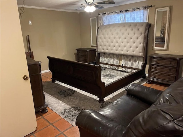 tiled bedroom featuring ceiling fan and ornamental molding