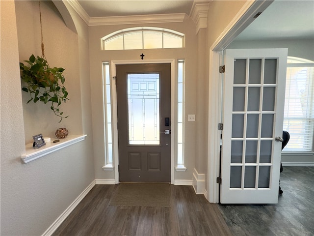 foyer featuring dark hardwood / wood-style floors and crown molding