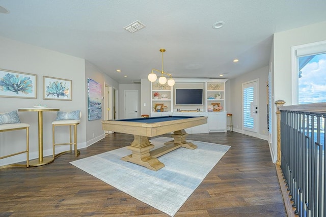 recreation room featuring pool table, baseboards, dark wood-style floors, and visible vents