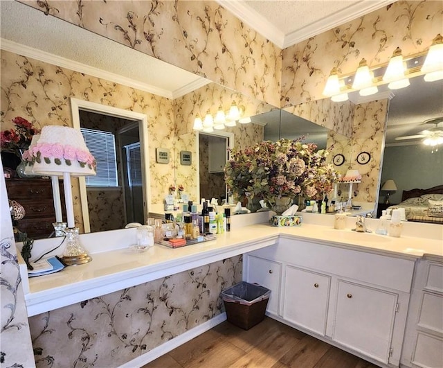 6421 Oakbrook Dr, Corpus Christi, TX 78413 - full bathroom with wood finished floors, a shower stall, crown molding, and wallpapered walls