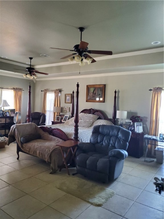 bedroom with light tile patterned floors, ceiling fan, and ornamental molding