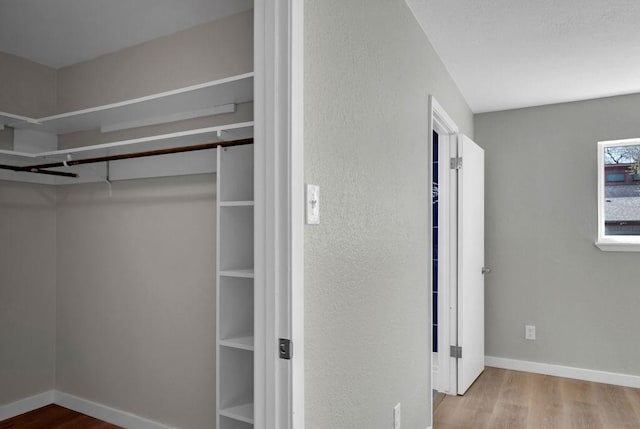 walk in closet with light hardwood / wood-style floors