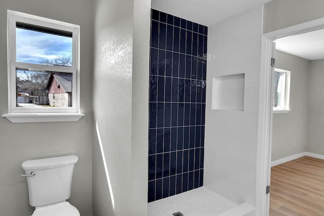 bathroom featuring wood finished floors, a shower stall, toilet, and a healthy amount of sunlight