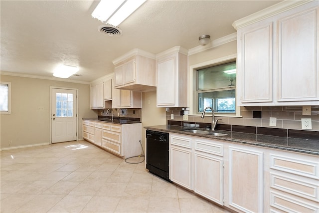 kitchen with dishwasher, backsplash, sink, and crown molding