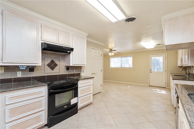 kitchen featuring black electric range, tasteful backsplash, crown molding, sink, and ceiling fan