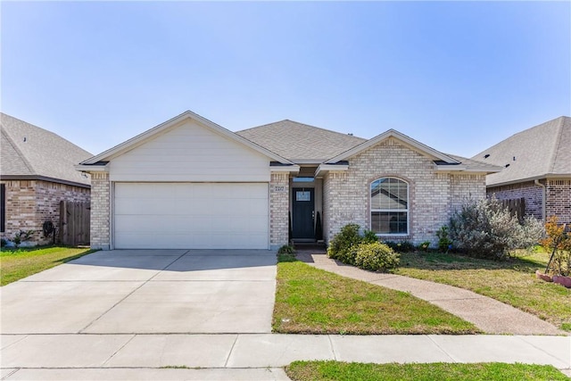 single story home featuring a front lawn, roof with shingles, concrete driveway, an attached garage, and brick siding