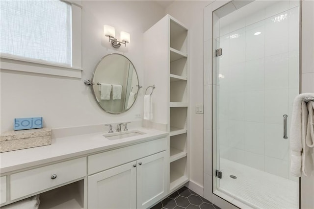 709 Sunrise Ave, Port Aransas, TX 78373 - full bath featuring vanity, a shower stall, and tile patterned floors