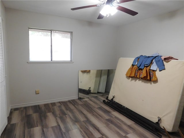 interior space featuring ceiling fan and dark hardwood / wood-style flooring