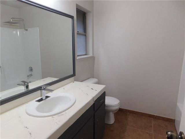 1408 Rose Dr, Alice, TX 78332 - bathroom with toilet, vanity, baseboards, tile patterned flooring, and shower / tub combination