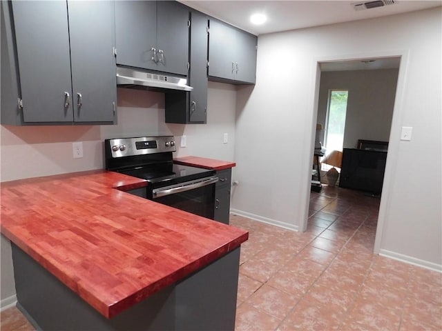 1408 Rose Dr, Alice, TX 78332 - kitchen featuring under cabinet range hood, stainless steel electric stove, baseboards, a peninsula, and butcher block counters